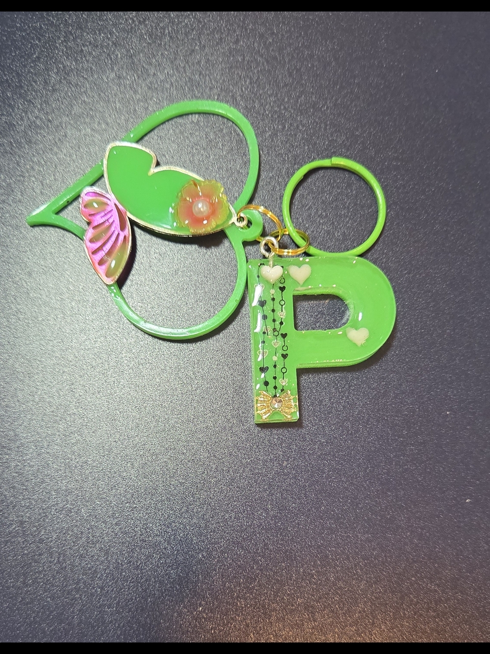 Green 'P' Letter Keychain or Bag Charm with a Heart & Butterfly!